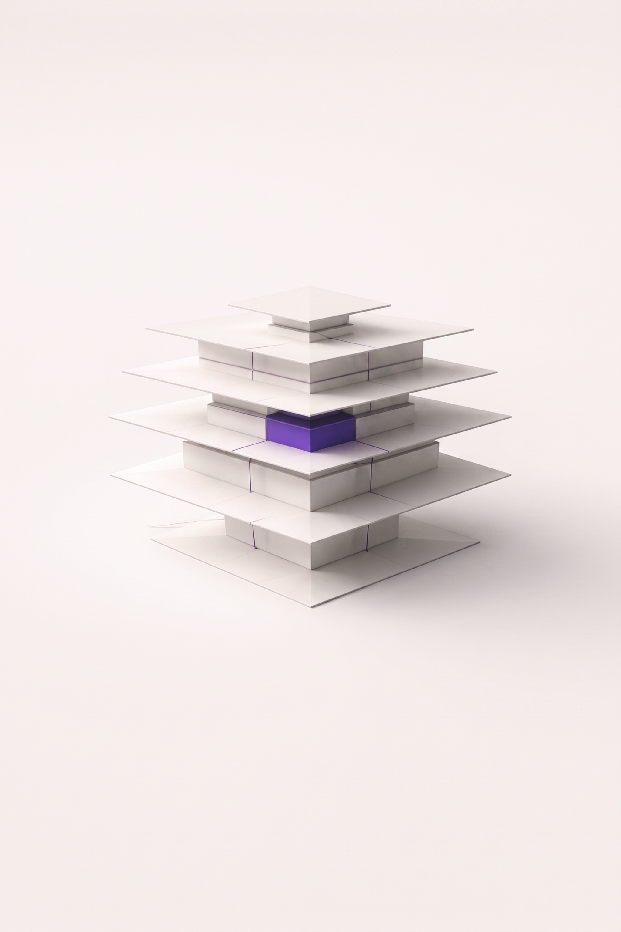Abstraktes Architekturmodell mit mehreren weißen Ebenen und einem zentralen violetten Block.