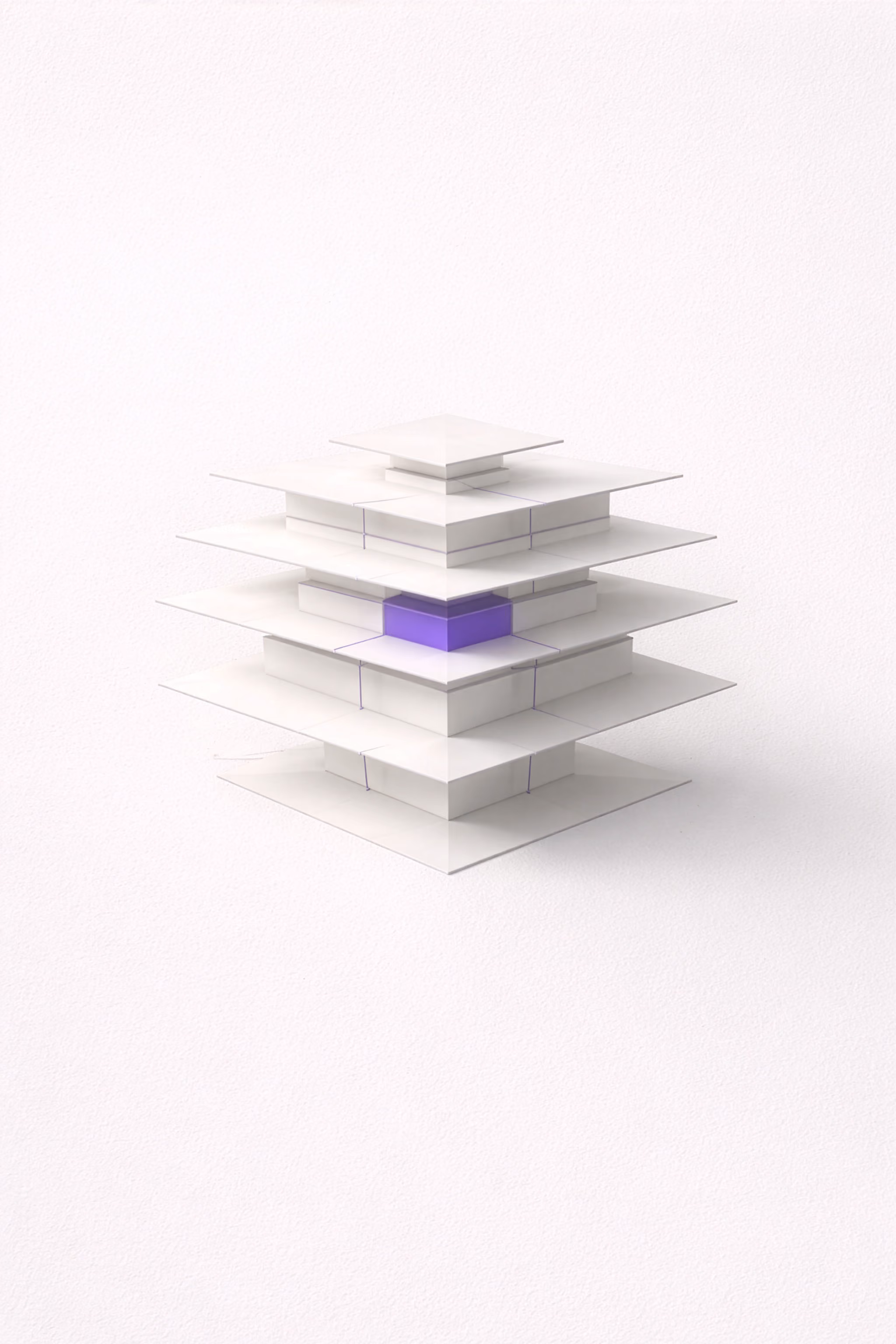 Abstraktes 3D-Modell eines weißen mehrschichtigen Würfels mit einem hervorgehobenen violetten mittleren Block.