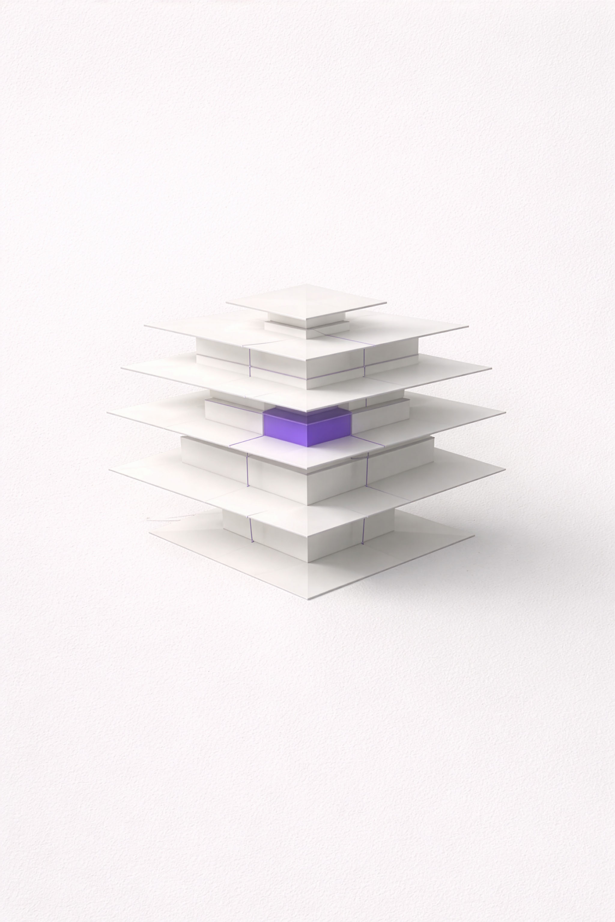 Abstraktes 3D-Modell eines weißen mehrschichtigen Würfels mit einem hervorgehobenen violetten mittleren Block.