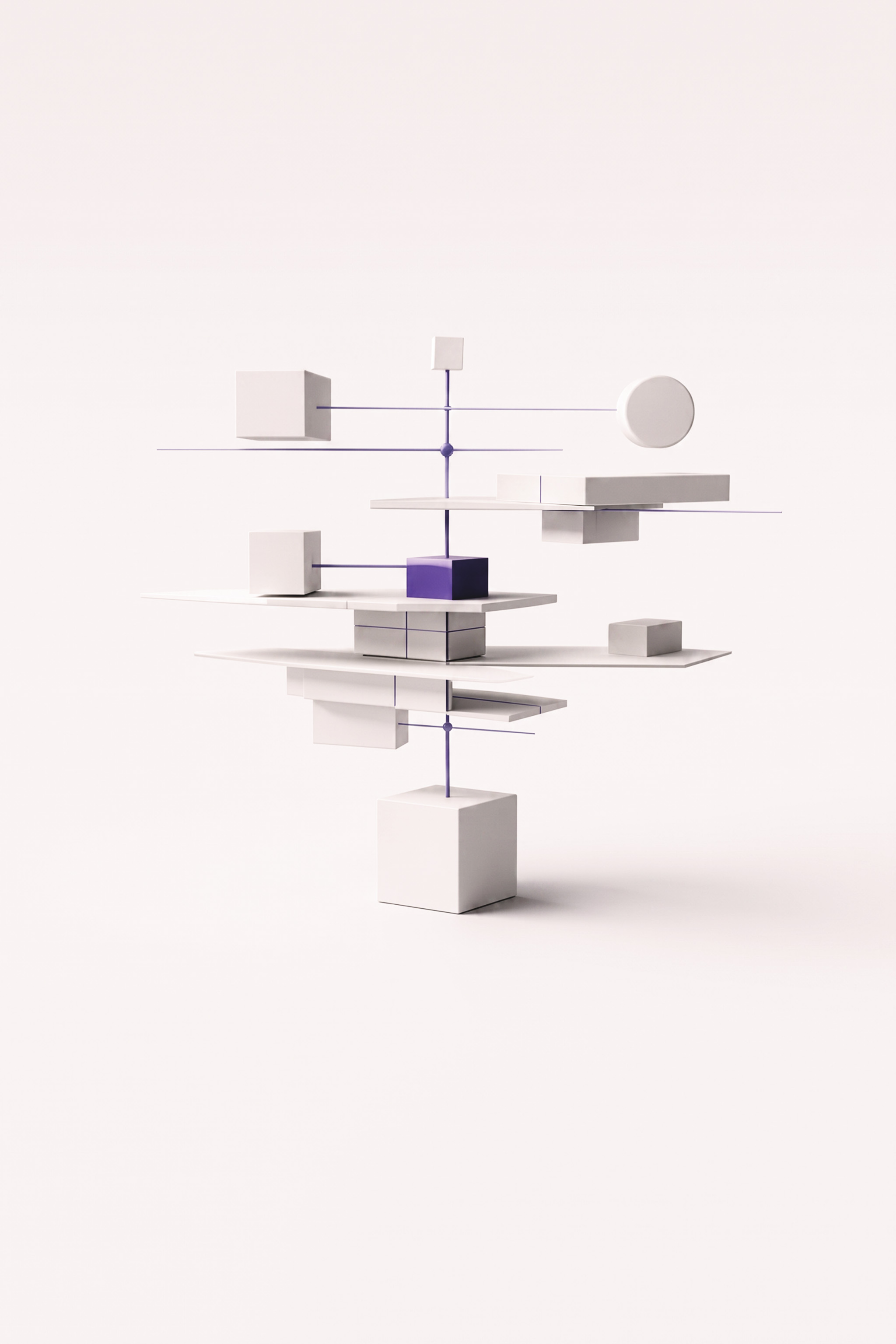 Abstrakte Komposition aus weißen und einem violetten Würfel mit Platten und feinen Linien auf weißem Hintergrund.