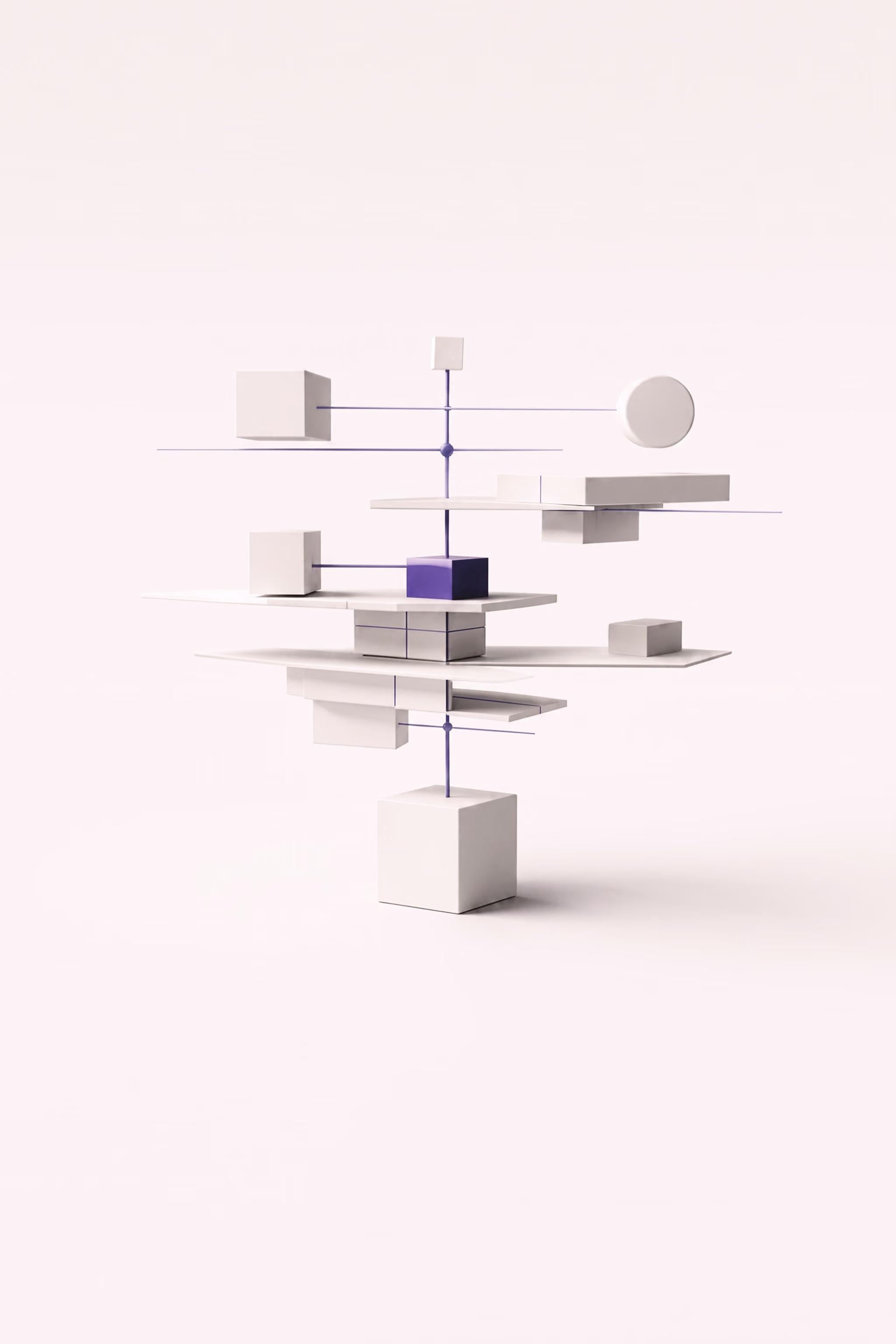 Abstrakte Komposition aus weißen und einem violetten Würfel mit Platten und feinen Linien auf weißem Hintergrund.