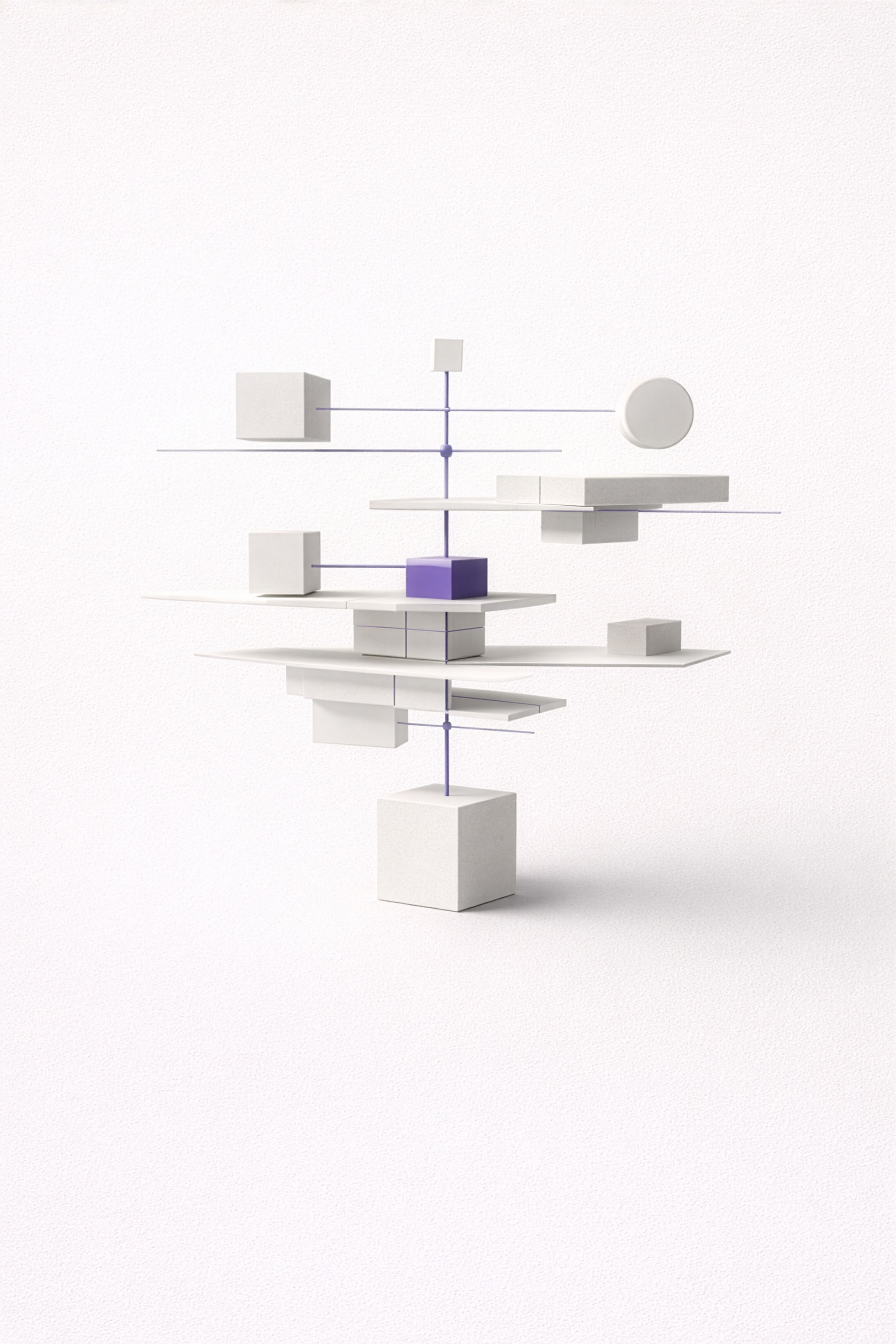 Abstraktes 3D-Modell von weißen Flächen und Würfeln, verbunden durch dünne violette Stäbe, mit einem violetten Würfel im Zentrum vor weißem Hintergrund.