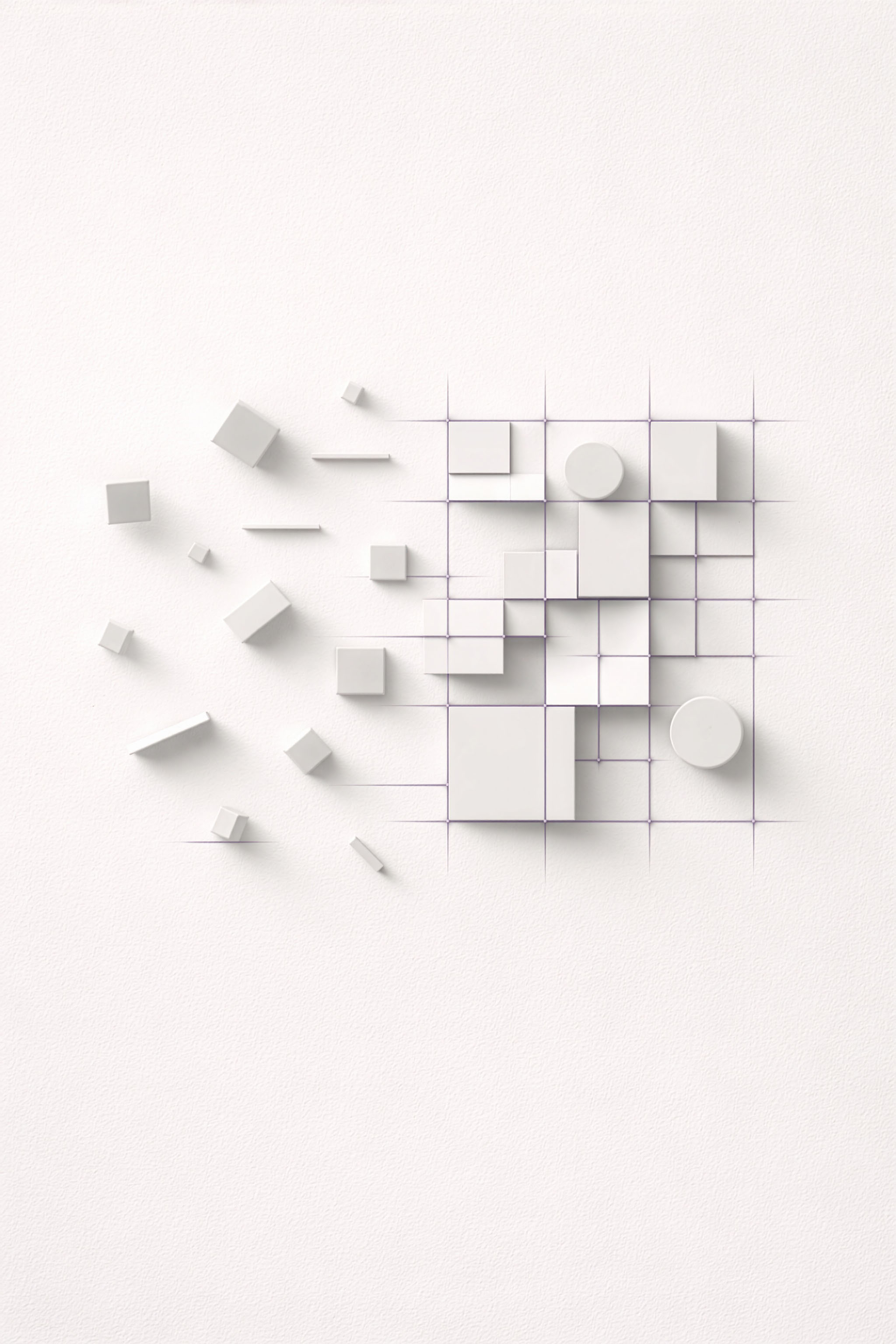 Weißes Raster mit unterschiedlichen weißfarbenen geometrischen Formen, einige davon sind vom Raster getrennt und schweben frei.