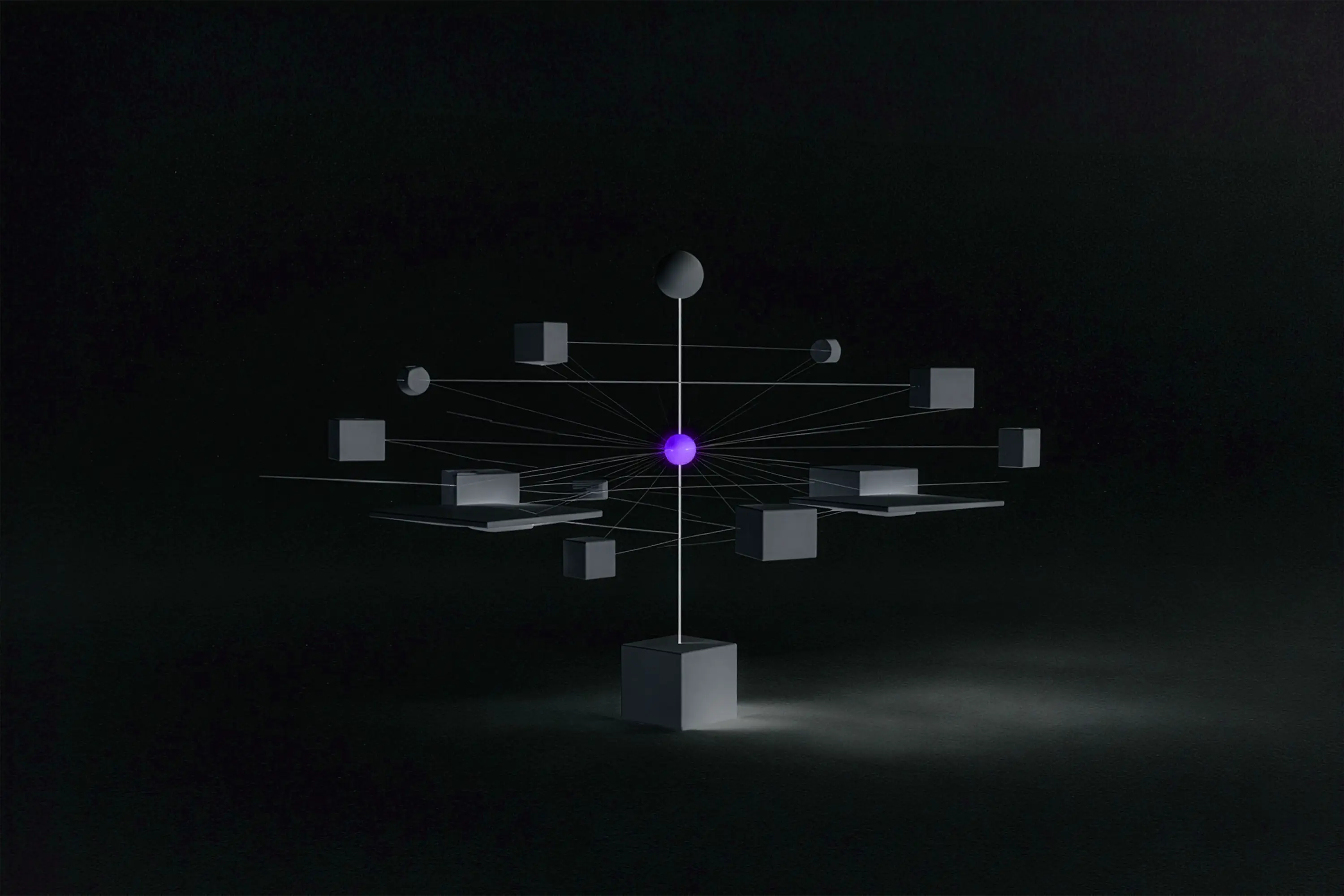 Abstraktes 3D-Netzwerkdiagram mit weiß-grauen Würfeln und Platten, die durch dünne Linien mit einem zentralen violetten Kugelknoten verbunden sind.