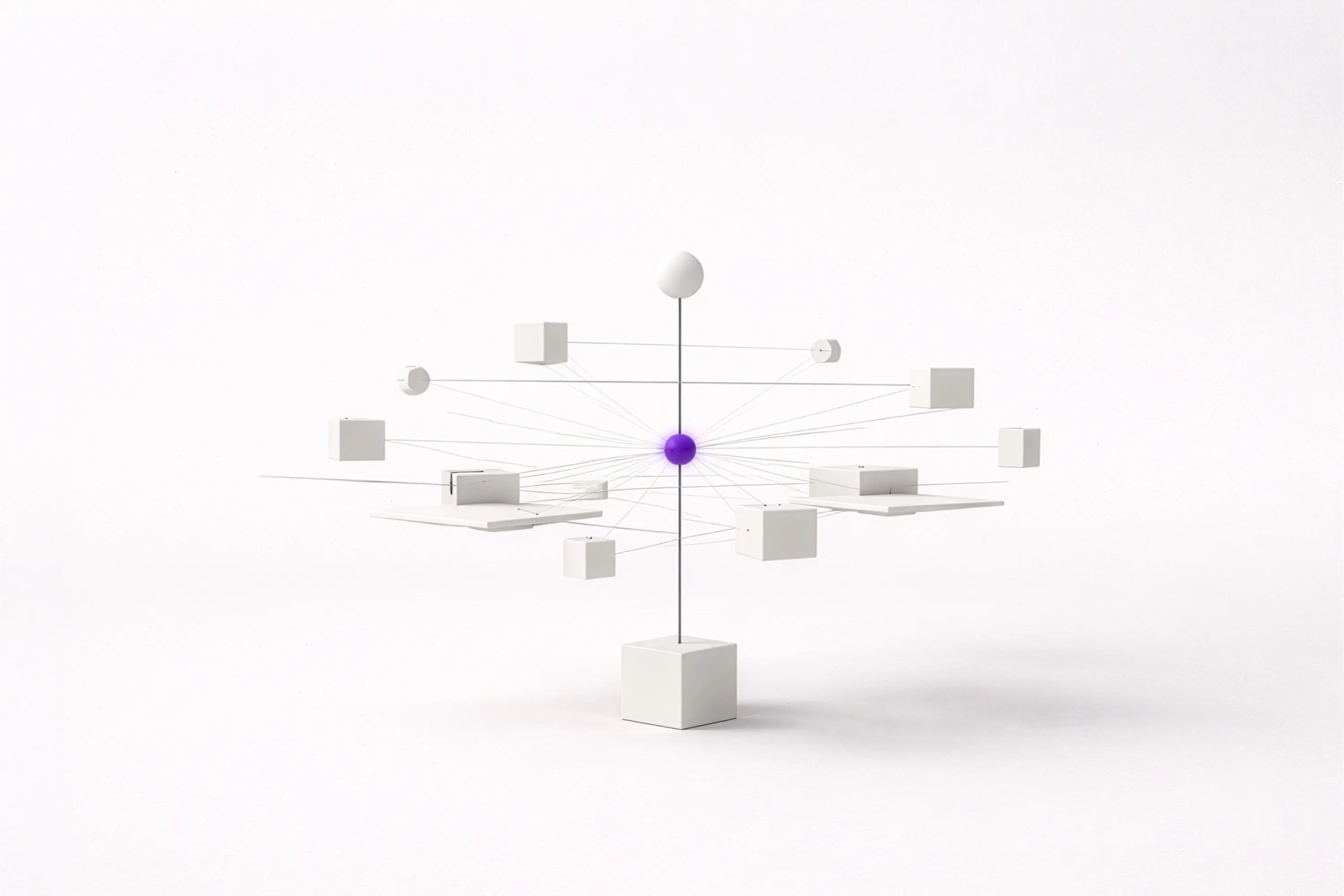 Abstraktes 3D-Netzwerkdiagram mit weiß-grauen Würfeln und Platten, die durch dünne Linien mit einem zentralen violetten Kugelknoten verbunden sind.
